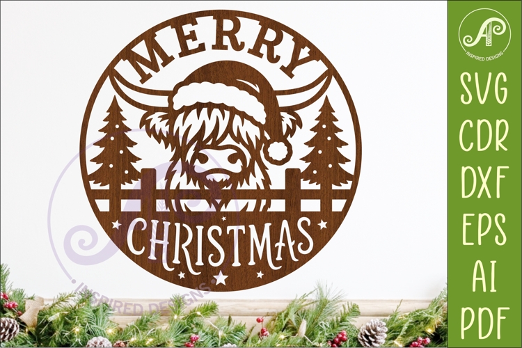 Highland Cow Merry Christmas Sign SVG Laser Cut File