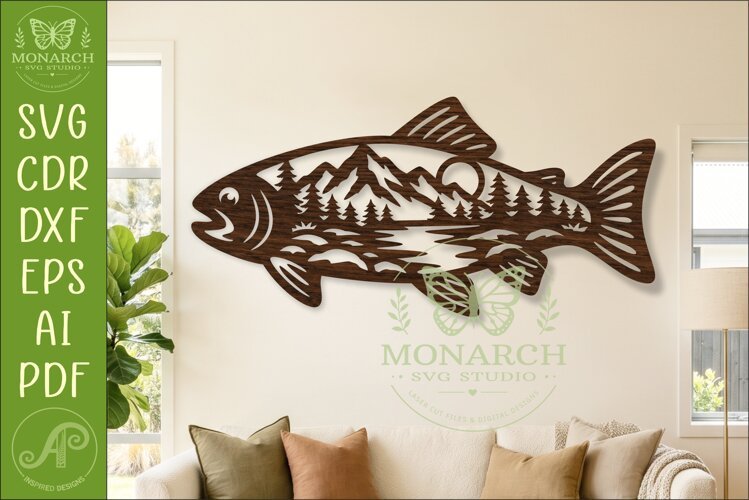 Trout Fishing Wall Art SVG Mountain Lake Scene Laser Cut example image 1