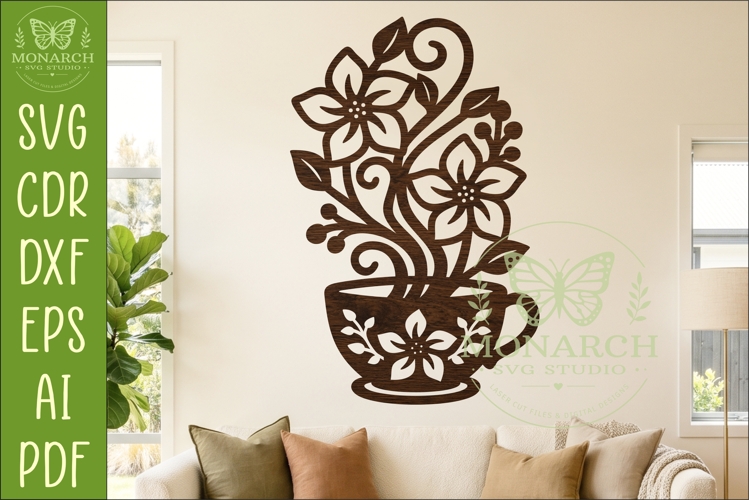 Floral Coffee Cup Wall Art SVG, Kitchen Decor Laser Cut File