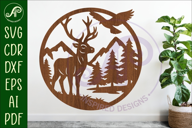 Red deer buck/ stag mountain scene wall sign svg laser cut