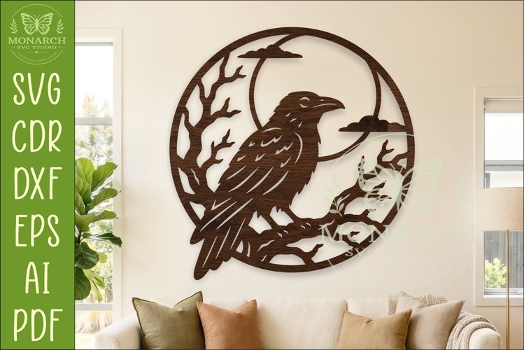 Raven Moon Wall Art SVG, Gothic Halloween Laser Cut File