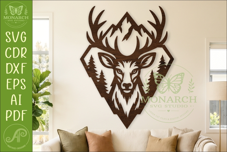 Mountain Deer Wall Art SVG, Rustic Buck Laser Cut File, Wood