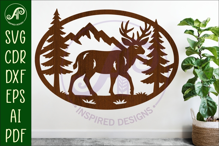 Mule Deer mountain scene Oval wall sign laser cut file