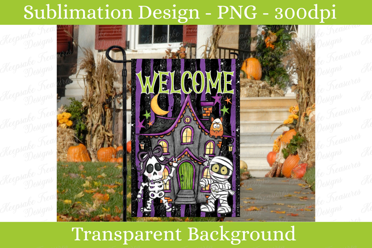 Whimsical Spooky Haunted House Welcome Garden Flag PNG