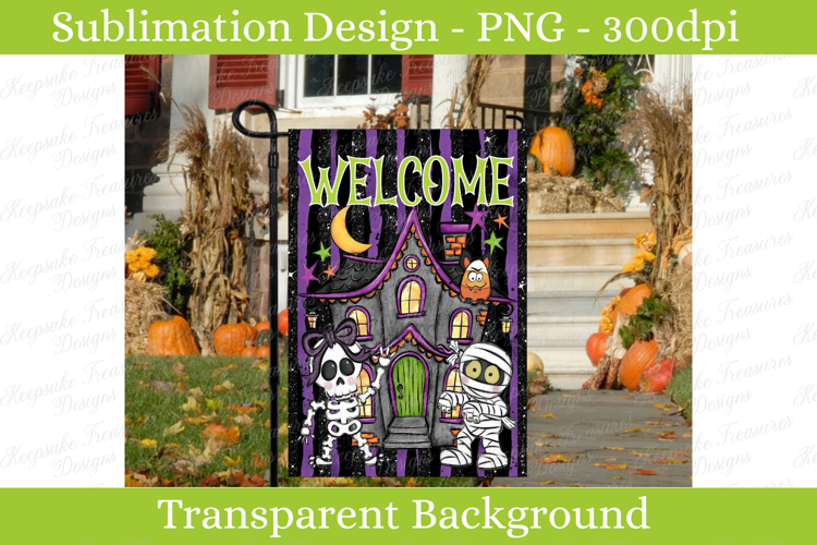 Whimsical Spooky Haunted House Welcome Garden Flag PNG