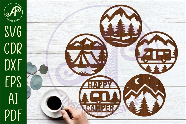 Camper Coasters, laser cut out camping, mountains designs 1
