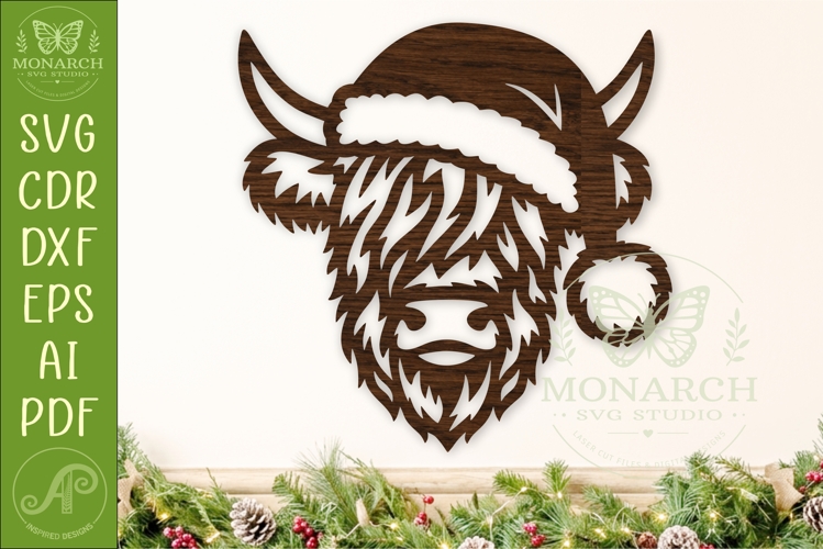 Christmas Highland Cow SVG Santa Hat Laser Cut File