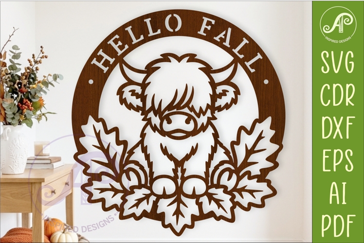 Hello Fall Highland Cow Door Hanger SVG | Cute Autumn Sign