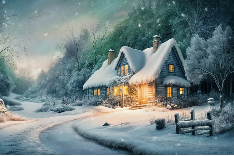 A cozy snow-covered cottage in a winter forest with warm