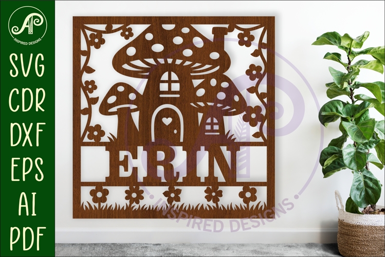 Mushroom house name sign design for laser cutting or cards
