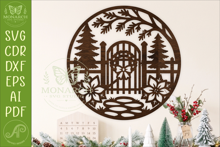 Christmas Gate SVG, Winter Garden Sign with Pine Trees