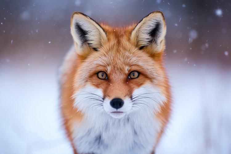 A red fox stands alert in a snowy landscape