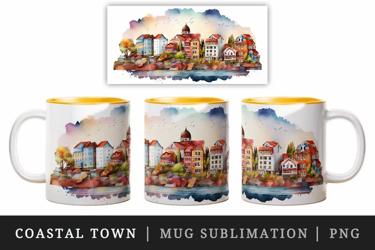 Watercolor coastal town mug, cup wrap sublimation design png