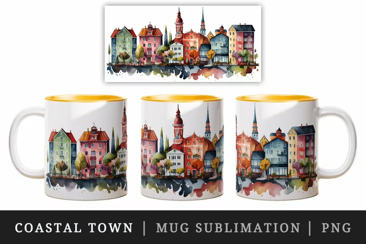 Watercolor coastal town mug, cup wrap sublimation design png