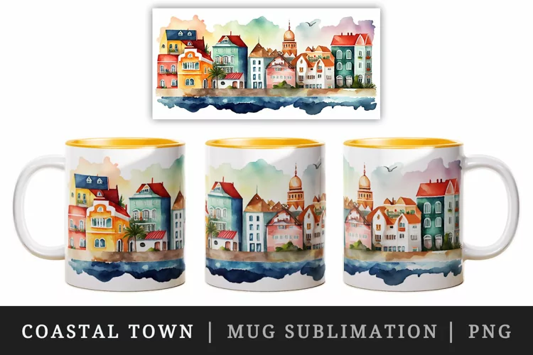Watercolor coastal town mug, cup wrap sublimation design png