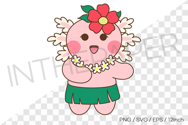 Cute pink axolotl dancing hula in leaf skirt and red hairpin