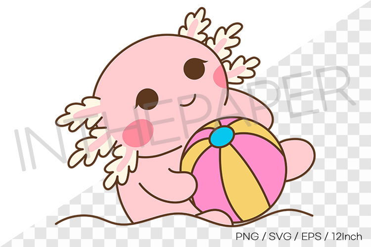 Cute pink axolotl rolling in water holding a beach ball
