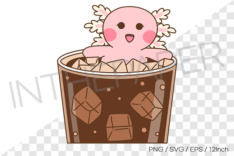 Cute pink axolotl soaking in cool glass of iced Americano