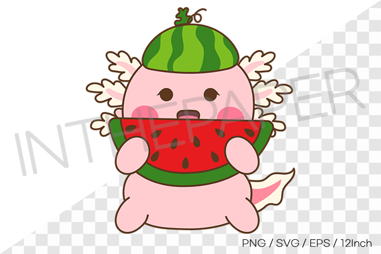 Cute pink axolotl wearing watermelon hat and holding a slice