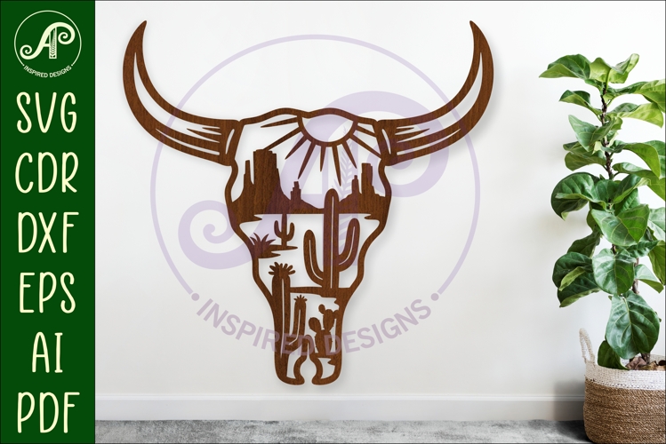 Cow skull with desert scene wall sign, SVG laser cut design