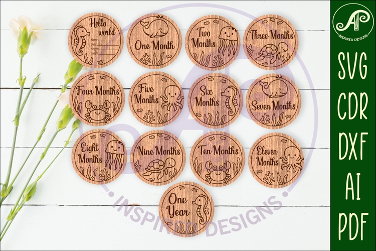 Ocean animals themed Baby monthly milestone discs SVG laser