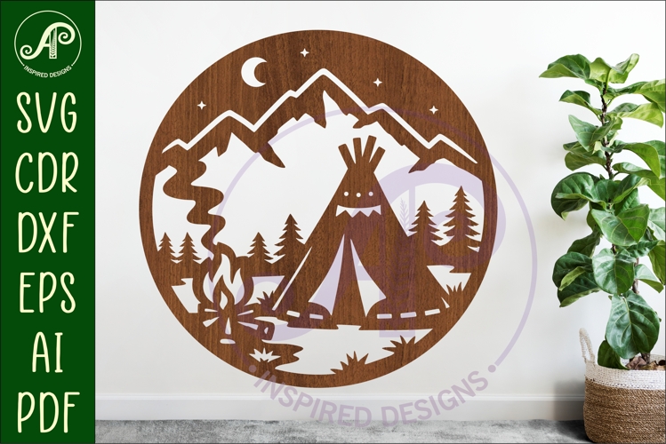 Tipi Camp Scene Wall Art , Teepee campfire sign night