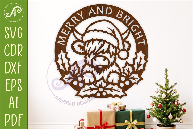Highland Cow Christmas SVG, Merry and Bright Laser Cut Sign