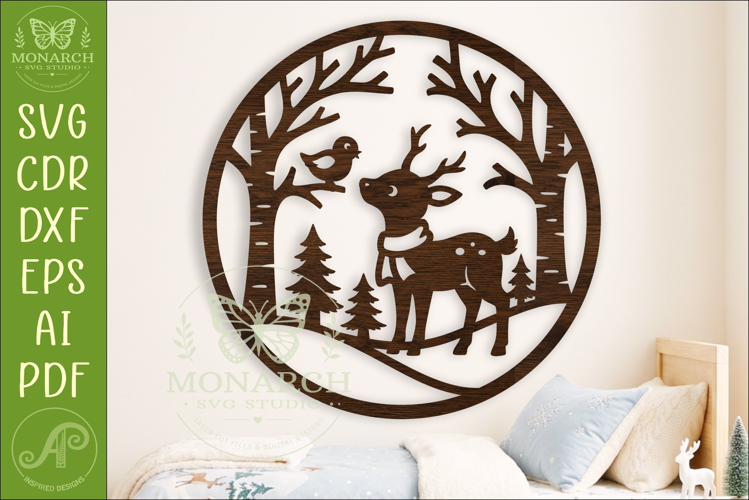 Woodland Deer Wall Sign SVG, Winter Forest Scene with Bird