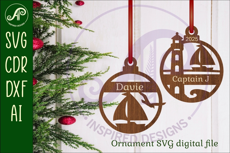 Sailboat and lighthouse personalized Christmas Ornament SVG