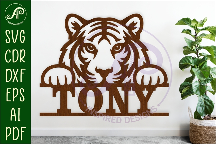 Peeking Tiger Name Sign SVG, Tiger Wall Decor Laser Cut