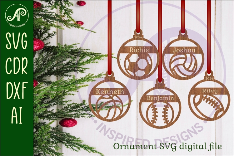 Sports ball Christmas Ornaments, 5designs SVG laser
