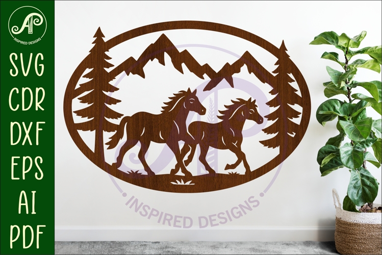 Running Horses mountain scene Oval wall sign laser cut file