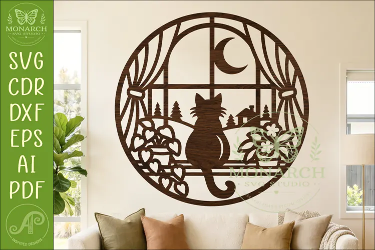 Cat in Window SVG, Cat Wall Decor, Laser Cut File, Moon