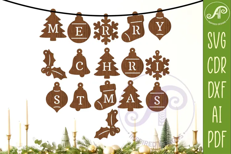 Merry Christmas Garland SVG, Christmas Bunting Banner, Laser