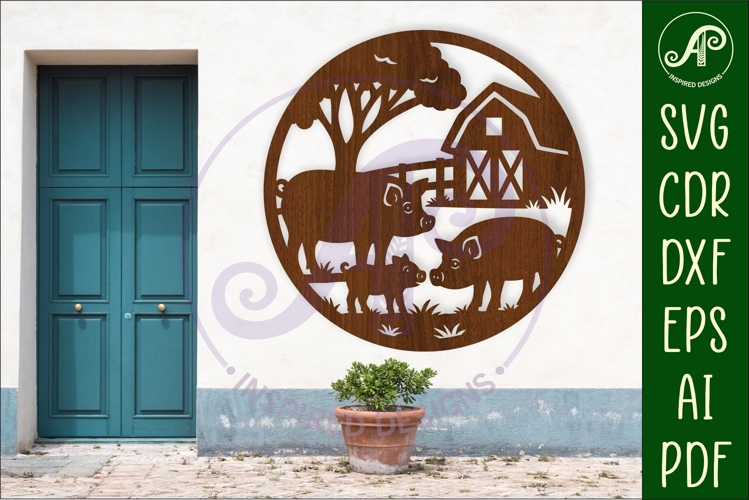 Pigs on the farm scene wall sign, SVG file.