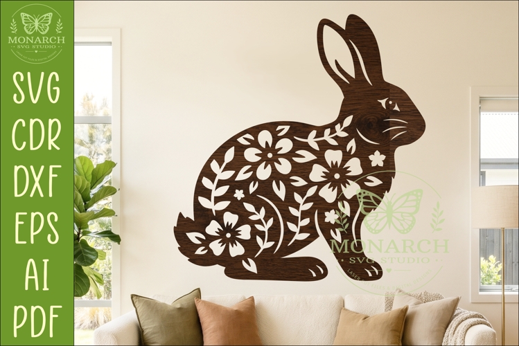 Floral Rabbit Wall Art SVG, Bunny Lover Laser Cut Sign Decor
