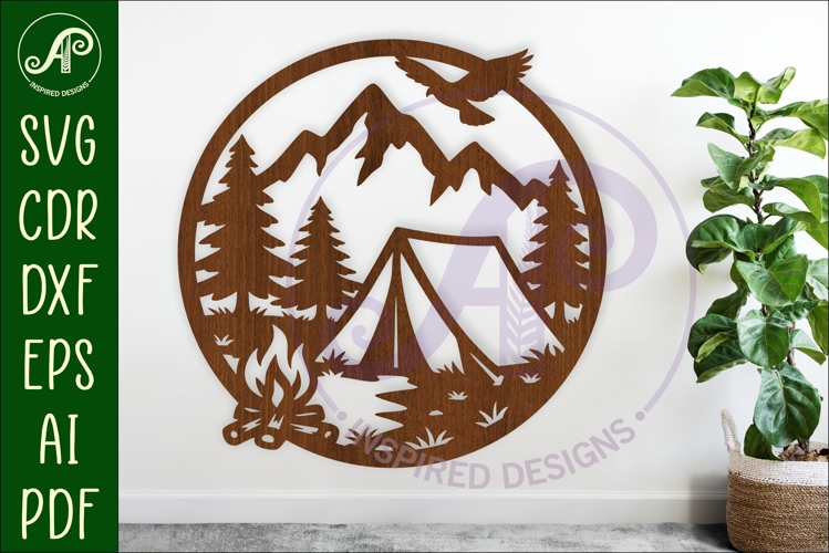 Campfire mountains and forest wall art sign, laser cut example image 1