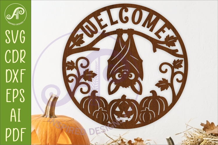 Cute Halloween Bat Welcome Sign SVG Laser Cut File Pumpkin