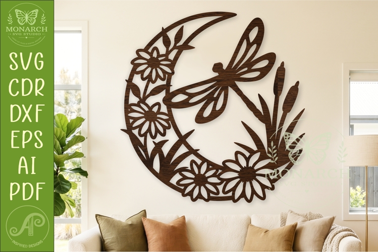 Dragonfly Moon Wall Art SVG, Black Eyed Susan Pond Scene