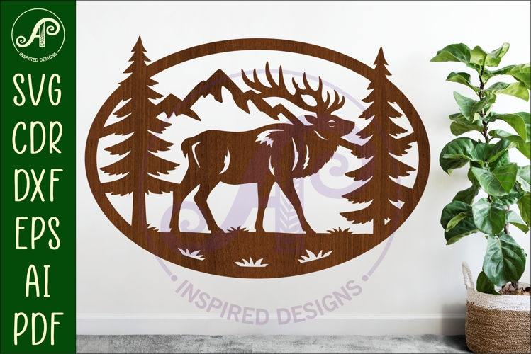 Elk mountain scene Oval wall sign laser cut file