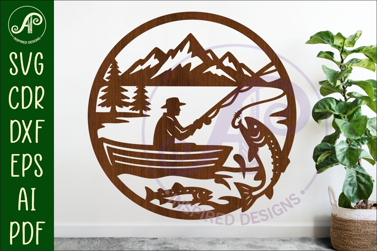 Trout fisherman mountain scene wall sign svg laser cut