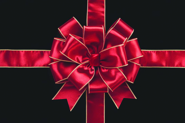 A red satin gift bow with golden edges on a black background