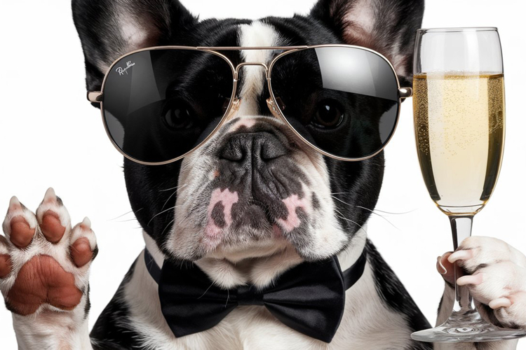 French Bulldog in sunglasses and bowtie holding a champagne