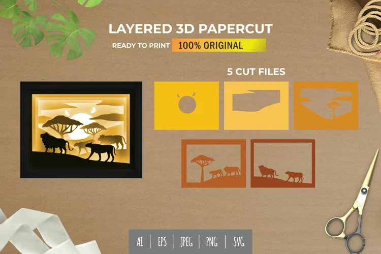 3D Papercut A Group of Animals in Savanna Layered Template