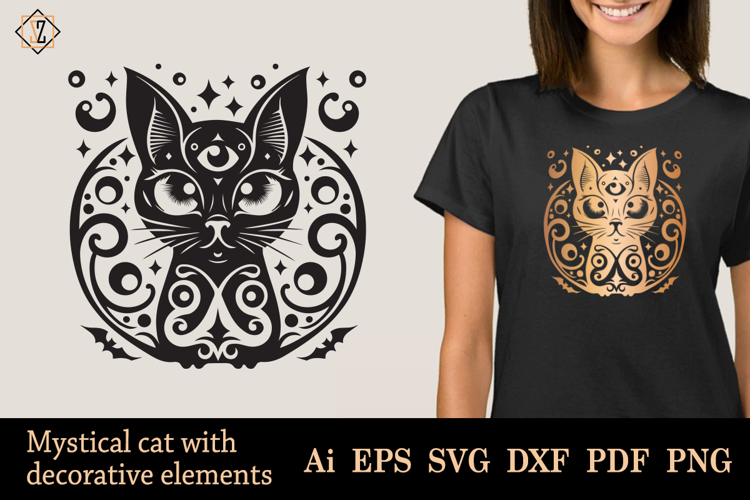 Mystical cat with decorative elements. SVG