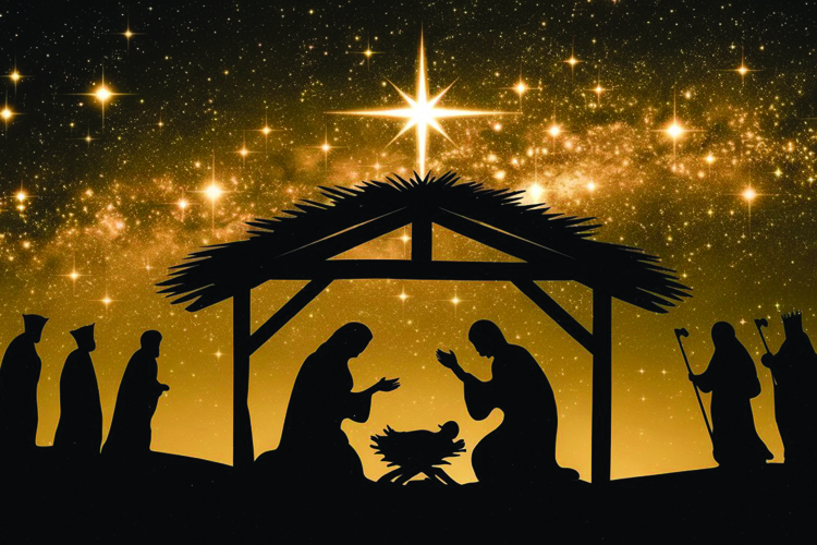Silhouette of the nativity scene with a bright star and gold
