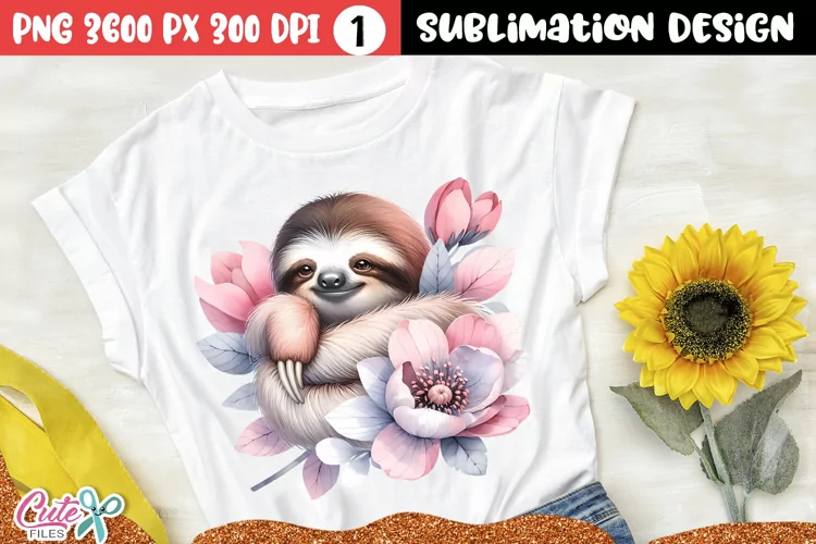Sloth Sublimation Clipart | Sloth Holding a Flowers