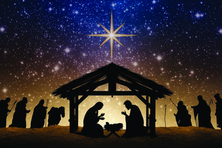 Silhouette of the nativity scene with a bright star and gold