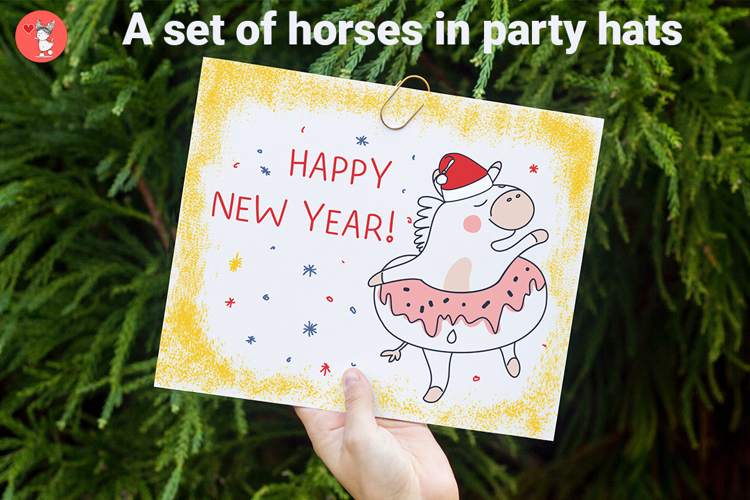 A set of horses in party hats