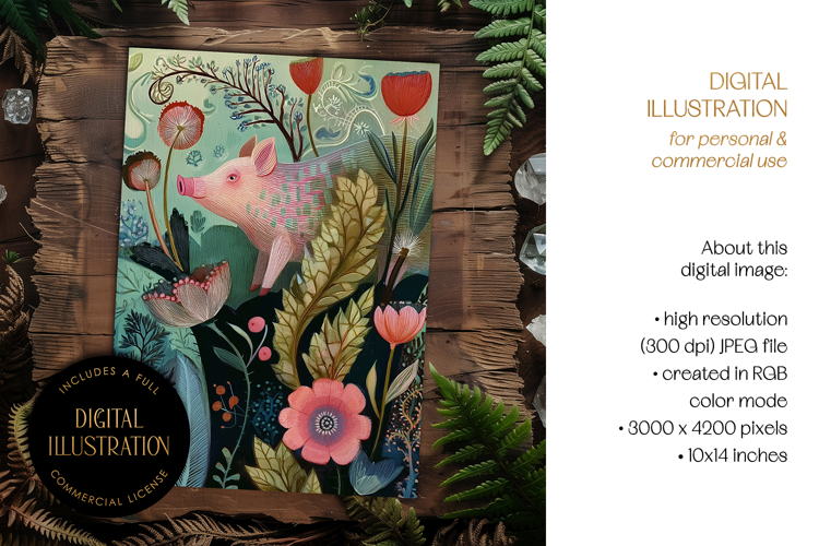 Art Nouveau Botanical Pig Card Illustration